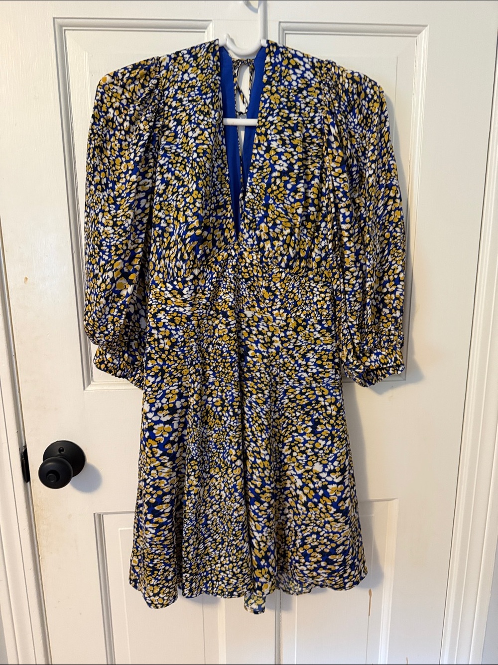 Reiss Daisy Puff Sleeve Print Mini Dress in Blue. Size 4.